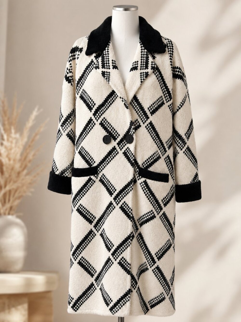 Joseph Ribkoff Windowpane Diamond Longline Coatigan Jacket Black Cream Sz Small